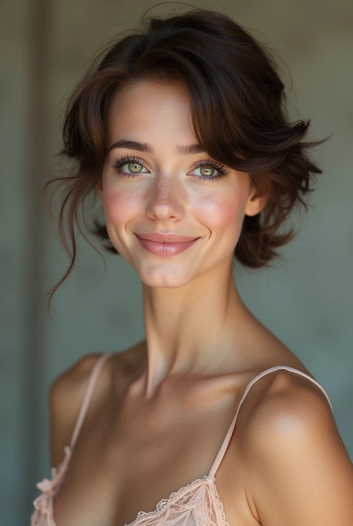 woman dressed as a ballerina, stop,  short brown hair, Nice smile, Brown eyes, medium height, White skin, skinny 