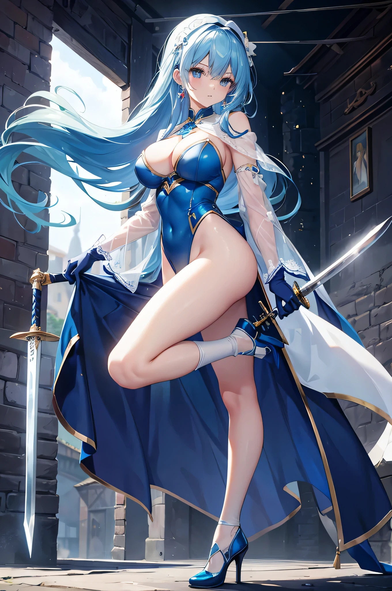 4K,High resolution,One Woman,Blue Hair,long hair,Big Breasts,Swordsman,Blue high leg leotard,White gloves,White shoes,hair band,Jewelry decoration,Long sword,Medieval town