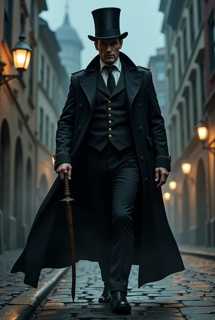 Create a tall man with a black Victorian suit and top hat. Great wizard walking the streets at night alone.
Add a dagger and a staff to it.