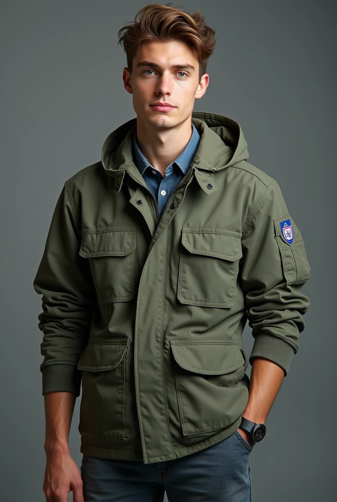 Realistic full body style photo of a handsome 26 year old technical school student with light brown hair and natural beauty