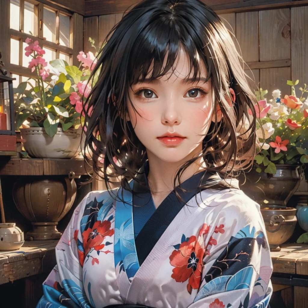 (highest quality、8k、32k、masterpiece)、(masterpiece, up to date,Exceptional:1.2), Anime, One girl,Front hair,black_hair, Beautiful 8k eyes,Looking_in_Audience,One person in,Are standing,((Very beautiful woman, Fuller lips, Japanese pintern kimono))、((Colorful Japanese kimono)))、(((Medium Shot)))、Blunt bung、(High resolution)、Very beautiful face and eyes、1 girl 、Round and small face、Narrow waist、delicine body、(highest quality high detail Rich skin details)、(highest quality、8k、Oil paints:1.2)、Very detailed、(Realistic、Realistic:1.37)、Bright colors、(((blackhair)))、(((longhair)))、(((cowboy pictures)))、((( Inside an old Japanese house)))、(masterpiece, highest quality, highest quality, Official Art, beautifully、aesthetic:1.2), (One girl), Very detailedな,(Fractal Art:1.3),colorful,Most detailed,Sengoku period(High resolution)、Very beautiful face and eyes、1 girl 、Round and small face、Tight waist、Delicine body、(highest quality high detail Rich skin details)、(highest quality、8k、Oil paints:1.2)、(Realistic、Realistic:1.37)、Greg Rutkowski Written by Alphonse Mucha Ropp, sun lips