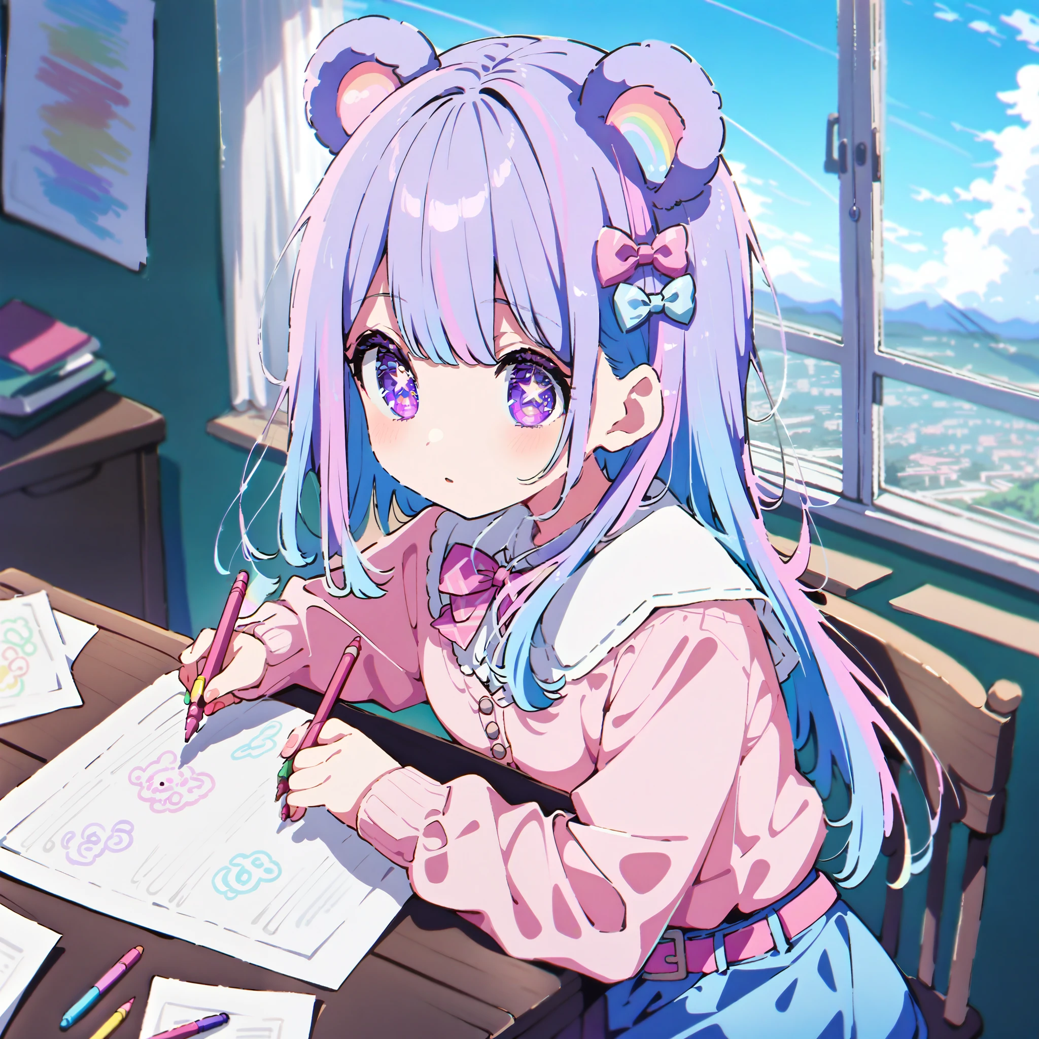 baby blue jean skirt with pink belt,pastel pink cardigan with buttons and a pastel pink bow,pastel multicolor hair, purple eyes, tiny bear ears, bear ears,pastel rainbow hair, star shaped eyes, sitting on wooden chair,drawing on table,looking at paper,holding crayon,window behind,blue sky,papers on wall