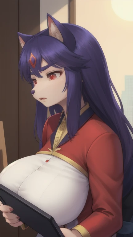 Woman in a suit using a tablet in a room, labor, Sun Yunjoo, still from a live action movie, Park Shin Hye as a super villain, complete device, using a magic tablet, iu lee ji-eun as supervillain, profile pose, [ realistic photo ]!!, Shin Min Jeong, serious business, lazy, elegant look, ????????????