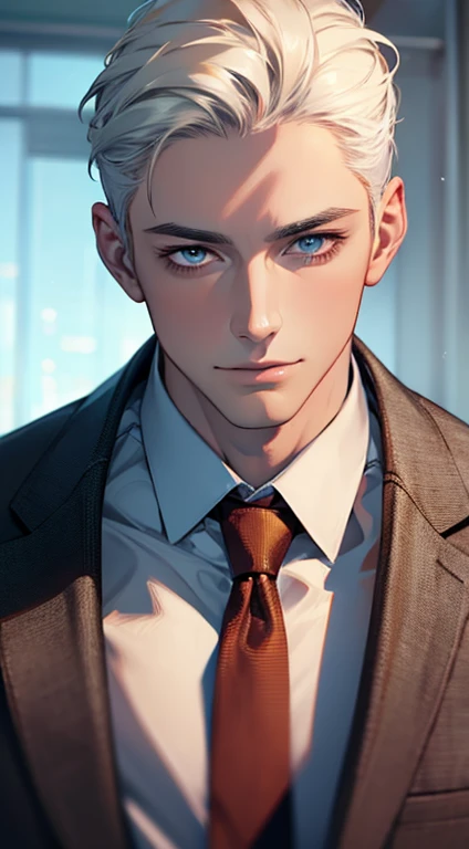 (Highest quality,4K,8K,High resolution,masterpiece:1.2),Super detailed,(Realistic,photoRealistic,photo-Realistic:1.37),1 person,31 years old,Mature Men,Beautiful skin、very handsome,Expressionless,smile,Short white hair,blue eyes,Sharp Eyes,A perfect face without a doubt,Businessman,Office Background,Cinema Lighting,HDR image,tie、