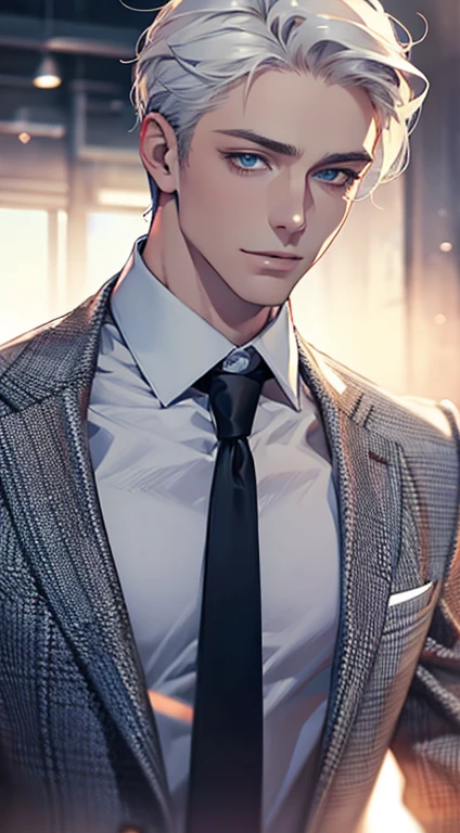(Highest quality,4K,8K,High resolution,masterpiece:1.2),Super detailed,(Realistic,photoRealistic,photo-Realistic:1.37),1 person,31 years old,Mature Men,Beautiful skin、very handsome,Expressionless,smile,Short white hair,blue eyes,Sharp Eyes,A perfect face without a doubt,Businessman,Office Background,Cinema Lighting,HDR image,tie、
