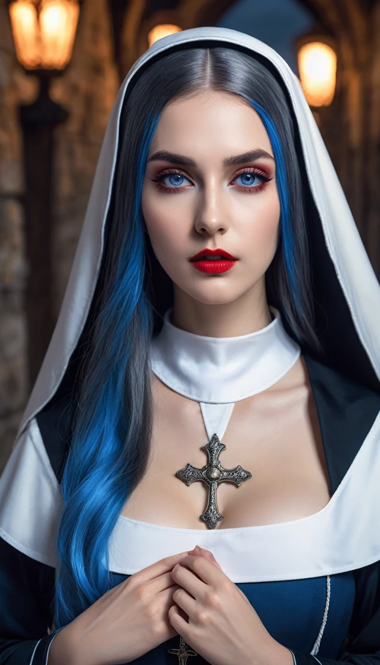 tmasterpiece，Best quality at best，A high resolution，8K，((Portrait))，(Head close-up)，Original photo，real photograph，digital photography，(A medieval fantasy woman)，(The nun in fantasy style)，25 years old woman，(Inky blue gradation of hair)，Long blue hair，red eyes，(Long hair with blue and gray gradient，blue)，(Big breasts)，An extravagant ornament，cparted lips，Keep your mouth shuegant and charming，((Frown))，Serious and arrogant，Calm and handsome，(Medieval nun costume，Cross，A complex pattern of clothing)，Photo pose，medieval characteredieval fantasy style，City background at night，oc render reflection texture