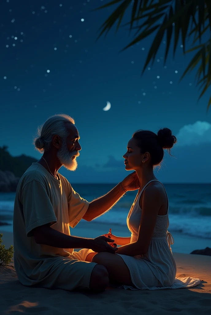 the night, a brown woman, with a bun in your hair, of coasts sitting meditating, with an old black man from Umbanda at his side, with his hand on her shoulder guiding her