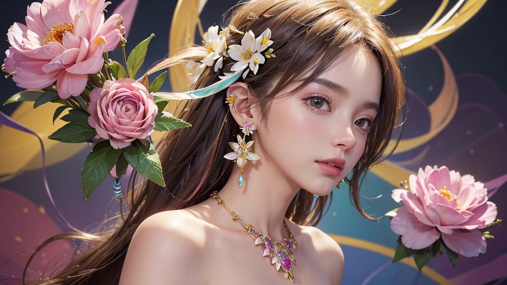 32K, 最高quality, 最高masterpiece, (ultra-Detailed Background, Detailed Background), High resolution, Super detailed, Very detailedな, One girl, (bouquet:1.3), (Tangled:1.2), (Geometric:1.2),(colorful),(masterpiece, quality, best quality, Official Art, Beautiful and beautiful:1.2), (1 girl:1.3), Very detailed,(colorful:1.1)(Flowers:1.3),Most detailed,(Tangled:1.2), whole body, (Abstract background:1.3), (Skin glows), (Many colors:1.4), ,(Earrings Jewelry:1.5), Pink Background,