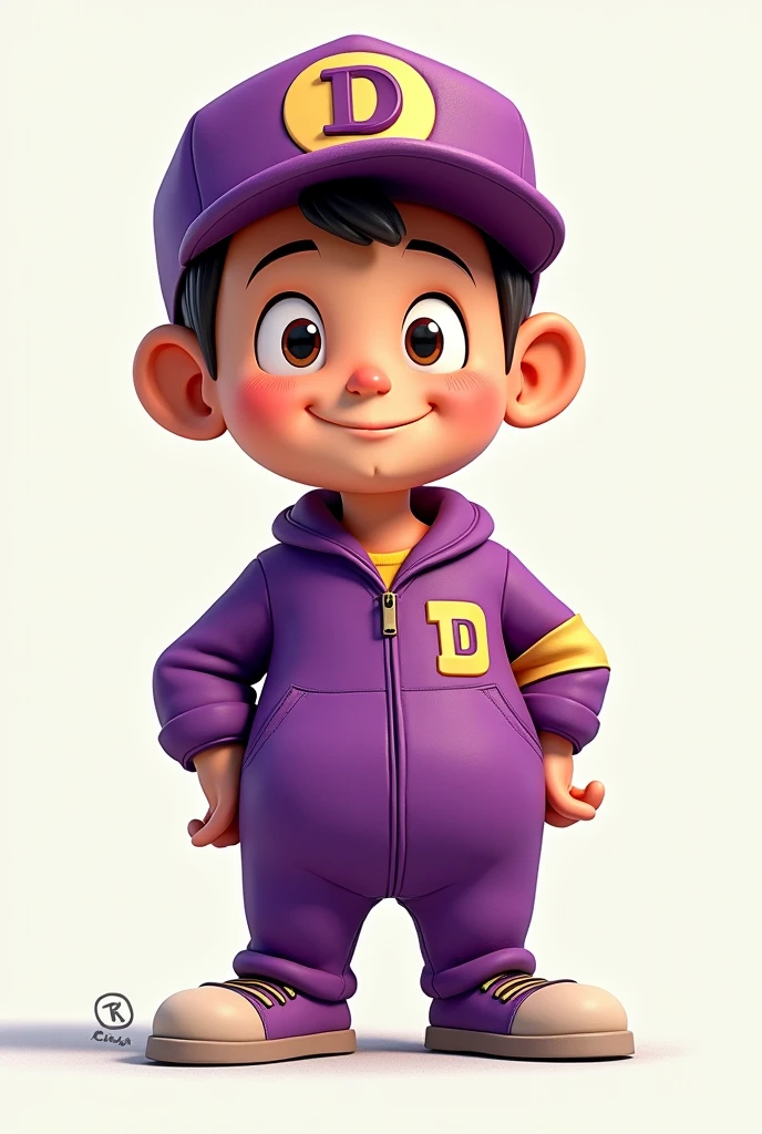 A short man without a mustache wearing a cap with a symbol with the letter D, dressed in a purple jumpsuit. Cartoon art type