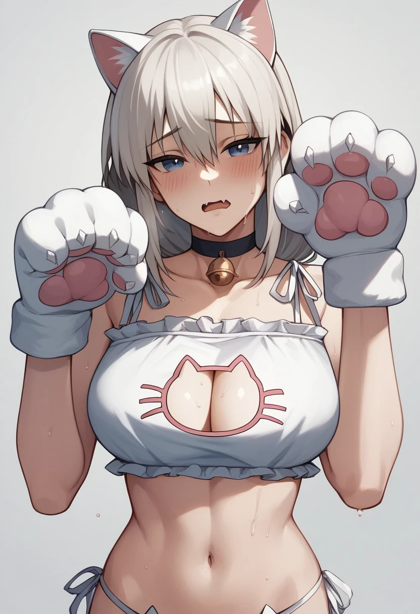 Large breasts、blush、Sweat、In the heat、Long white hair、Braiding、uzaki_fortune、(The whole body is visible)、white cat lingerie, choker, neck bell、white cat paw gloves、Troubled face、close your eyes、Are standing、
{Highest quality}, {so beautiful}, {Very detailed}, {Best illustrations},