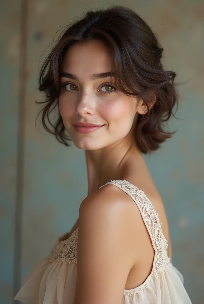 woman dressed as a ballerina, stop,  short brown hair, Nice smile, Brown eyes, medium height, White skin, skinny, Whole body