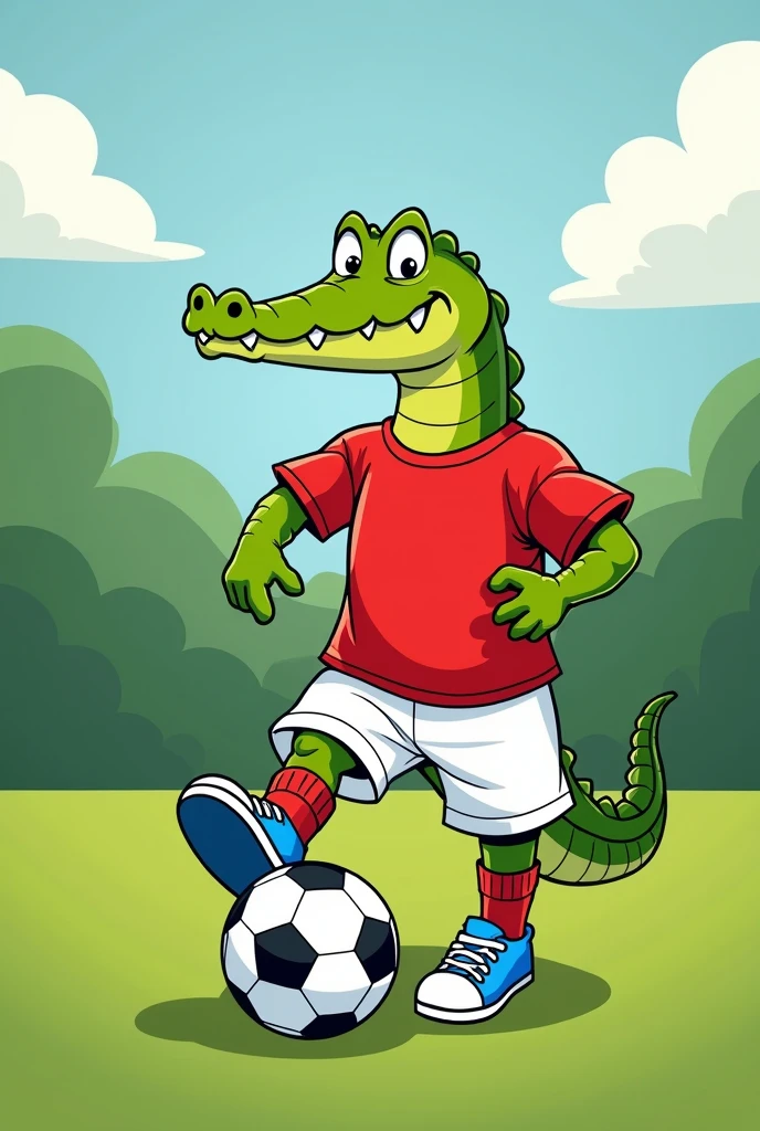 Draw a cartoon of a crocodile playing soccer with a red short-sleeved shirt, short blanco, red socks and blue tennis shoes, with a ball, on a court