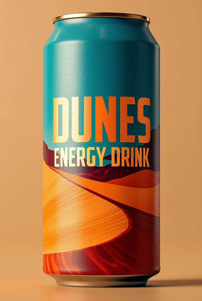 An energy drink can like Red bull with writing DUNES ENERGY DRINK but with color and design of a desert