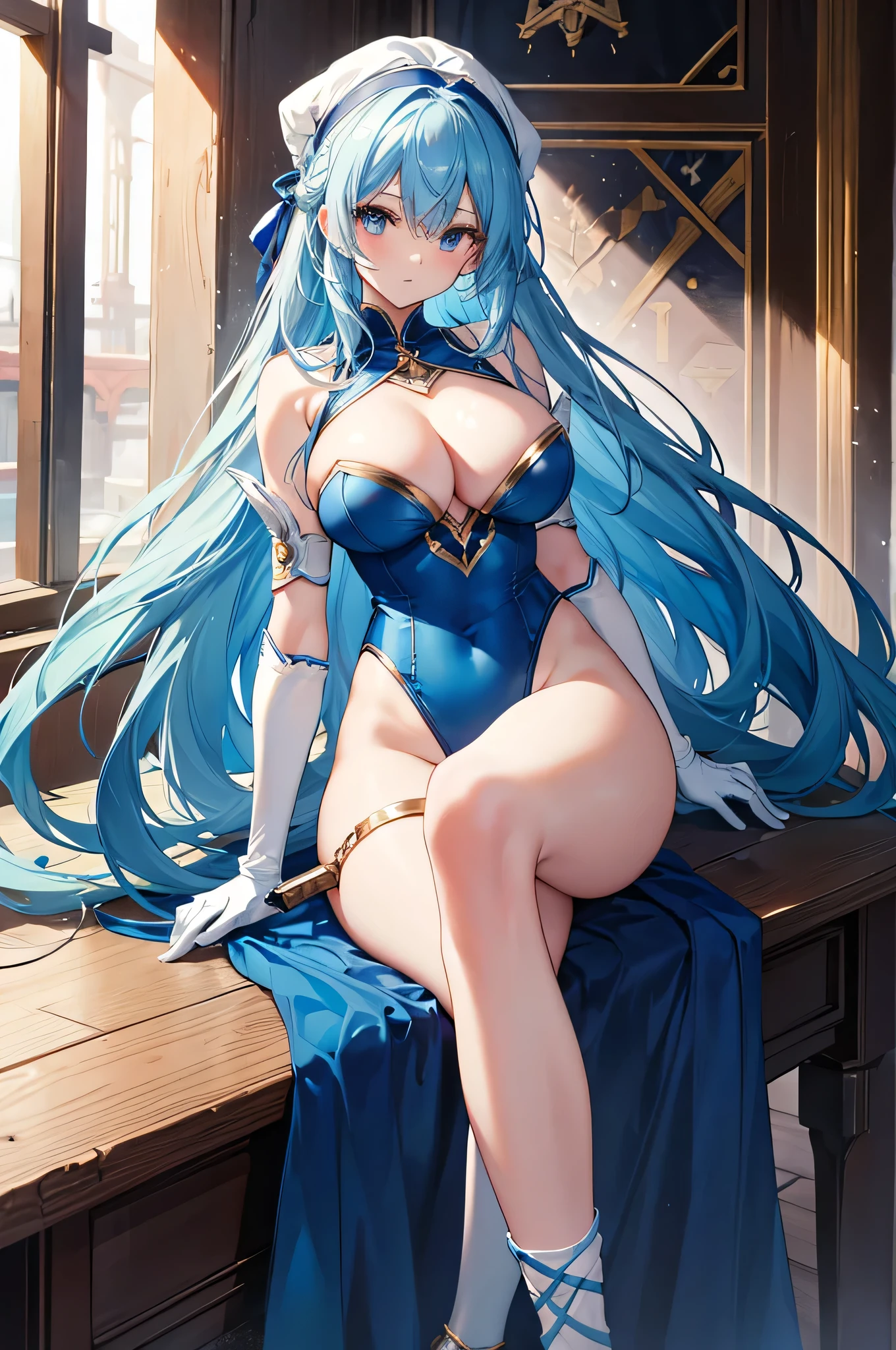 4K,High resolution,One Woman,Blue Hair,long hair,Big Breasts,Swordsman,Blue high leg leotard armor,White gloves,White shoes,hair band,Jewelry decoration,Long sword,Medieval town