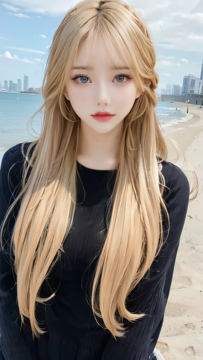 sexy big 、Sexy cute looks and cute 15 year old beautiful girl, beautiful and sexy face、A strong wind blows your hair in front of your face.、beautiful long blonde French braided hair、beautiful, Cute and sexy eyes hidden behind long bangs