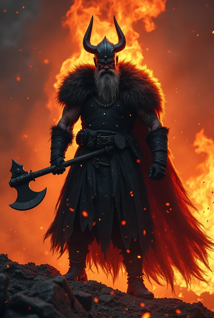 angry hell fire viking  warrior with axe black backgriund

