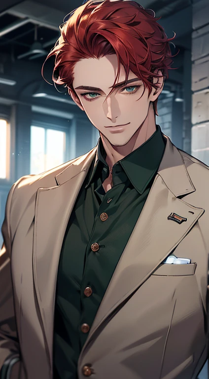 (best quality, masterpiece, 8K, photorealistic, cinematic lighting, hdr image, ultra detailed, beautiful image), a mature man, very handsome, smile, short grey red hair, green eyes, perfect face without errors, ((buttoning the jacket, CEO))