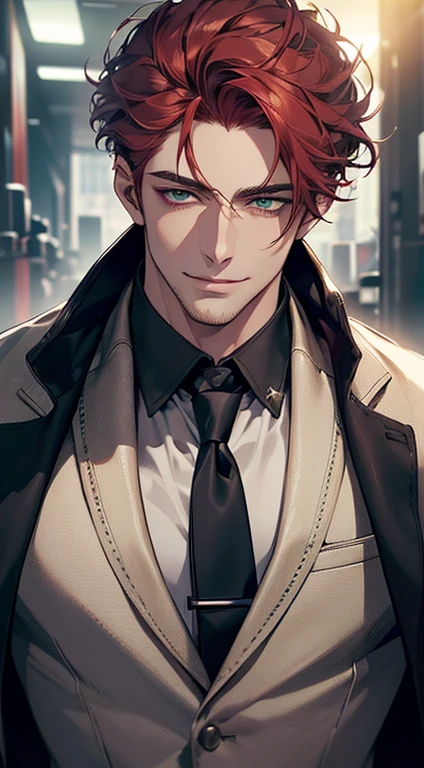 (best quality, masterpiece, 8K, photorealistic, cinematic lighting, hdr image, ultra detailed, beautiful image), a mature man, very handsome, smile, short grey red hair, green eyes, perfect face without errors, ((buttoning the jacket, CEO))