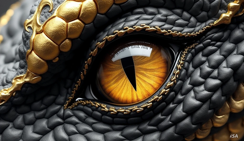 PENCIL AND PAPER STYLE DRAWING, Unrealistic drawing, DRAWING OF A DRAGON EYE IN A CLOSE-UP OF COMPLETELY DARK BLACK AND GOLD SCALES, DETAILS IN GOLD.