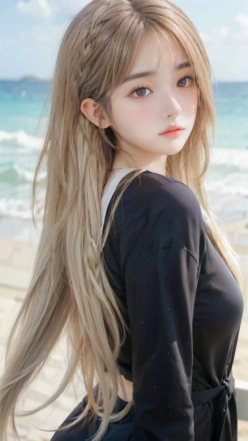 sexy big 、Sexy cute looks and cute 15 year old beautiful girl, beautiful and sexy face、A strong wind blows your hair in front of your face.、beautiful long blonde French braided hair、beautiful, Cute and sexy eyes hidden behind long bangs