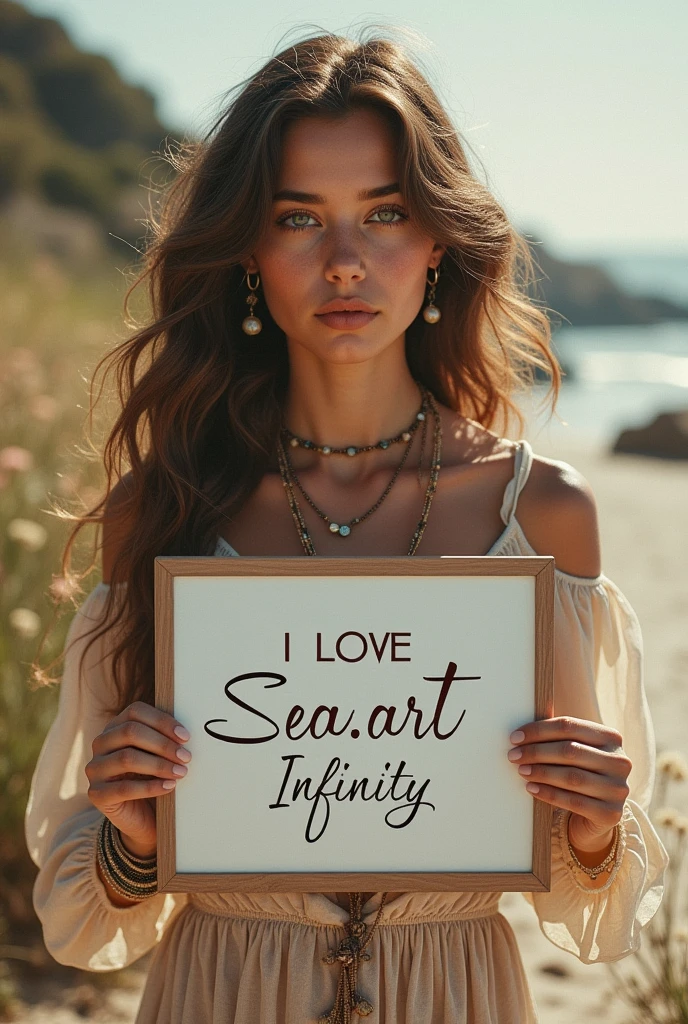 Beautiful girl with wavy long hair, bohemian dress, holding a white board with text "I Love Seaart Infinity" and showing it to the viewer