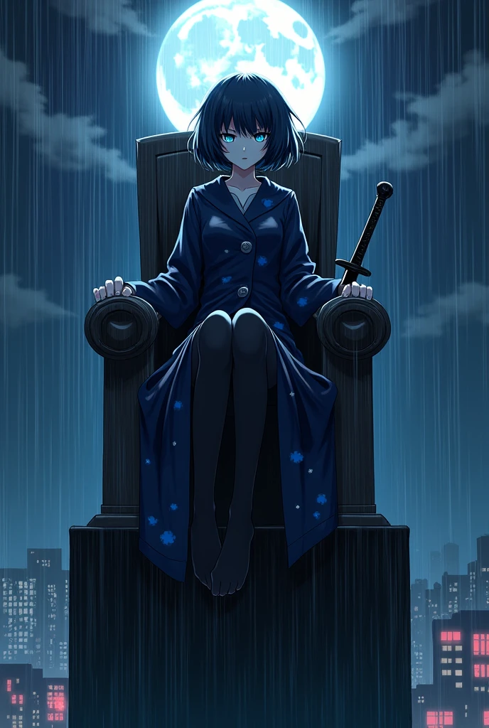create an image of an anime girl sitting on thronethrone in top of a building, with a sadic and mad expression on her face, short curled hair hiding her ears, blue eyes and an long dark blue coat with small blue clouds printed on it and a pair of black stockings completely covering your legs, under the heavy rain and a full moon. she has a black long thick sword at his side