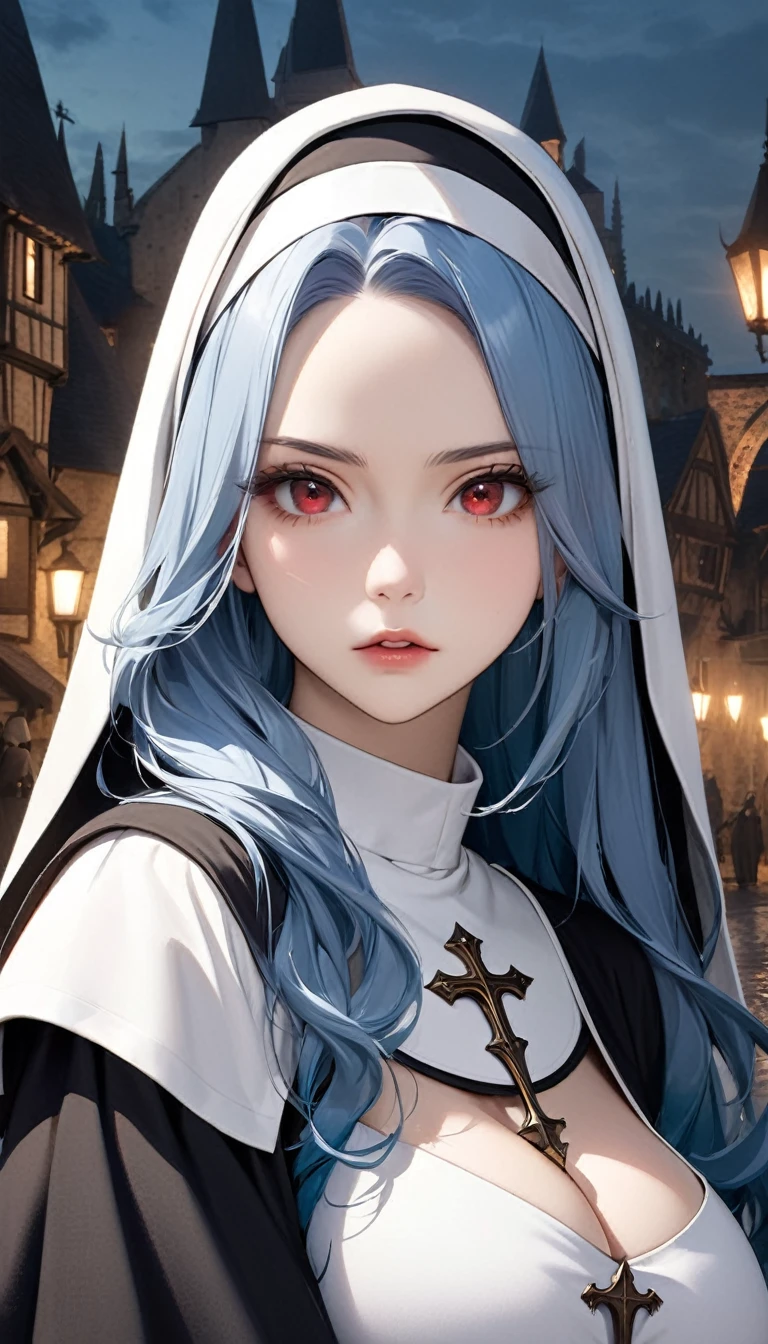 tmasterpiece,Best quality at best,A high resolution,8K,((Portrait)),(Head close-up),Original photo,real photograph,digital photography,(A medieval fantasy woman),(The nun in fantasy style),25 years old woman,(Inky blue gradation of hair),Long blue hair,red eyes,(Long hair with blue and gray gradient,blue),(Big breasts),An extravagant ornament,cparted lips,Keep your mouth shuegant and charming,((Frown)),Serious and arrogant,Calm and handsome,(Medieval nun costume,Cross,A complex pattern of clothing),Photo pose,medieval characteredieval fantasy style,City background at night,oc render reflection texture