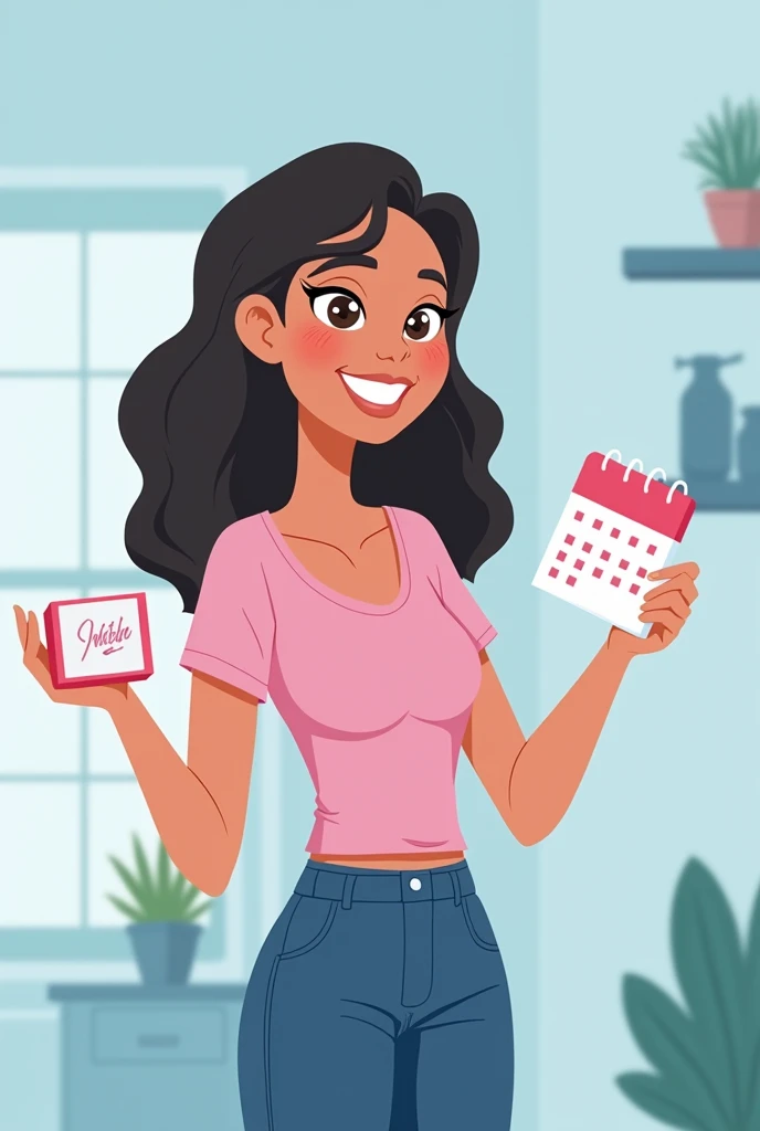 A young and empowered animated woman, smiling while holding a calendar in one hand and a box of contraceptives in the other. The image could show a clean and modern environment, with soft colors like blue and white, that transmit tranquility and confidence.