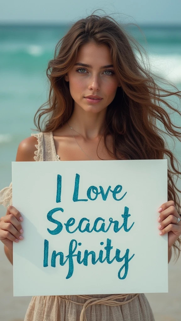 Beautiful girl with wavy long hair, bohemian dress, holding a white board with text "I Love Seaart Infinity" and showing it to the viewer