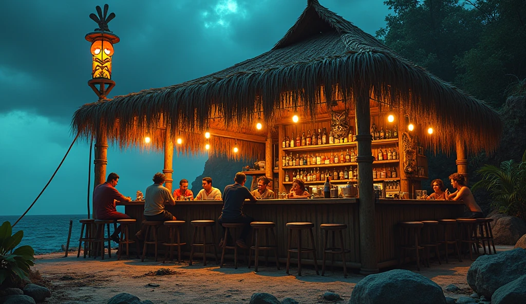 [Core Concept] An apocalyptic tiki bar at the literal and figurative end of the earth.

[Character Description] The bar is staffed by a ragtag group of survivors, their faces weathered and eyes hardened by the ravages of the end times. They move with a weary resilience, mixing elaborate tropical cocktails for the last remnants of humanity seeking refuge.

[Environment/Background] The bar is situated on a desolate, rocky outcrop, the last outpost before the abyss of the unknown. Crumbling ruins and abandoned machinery litter the landscape, a testament to the collapse of civilization. The sky is a turbulent mix of ominous clouds and eerie, otherworldly lights.

[Style and Atmosphere] The tiki bar itself is a stark contrast, its bamboo and thatch construction a defiant celebration of life amidst the surrounding decay. Neon signs and twinkling lights cast an ethereal glow, lending an air of surreal, bittersweet nostalgia.

[Composition] Patrons huddle around the bar, their faces cast in shadows as they nurse their drinks, their conversations hushed and tinged with a hint of resignation. In the corner, a lone musician plays a melancholic tune on a battered ukulele.

[Details and Embellishments] Weathered tiki masks and totems adorn the walls, their once-vibrant colors faded and chipped. Scattered throughout the bar are remnants of a bygone era - a rusted-out vintage car, a crumbling jukebox, a tattered Hawaiian shirt hanging on a hook.

[Technical Specifications] This scene would be rendered in a gritty, dystopian style, with a focus on dramatic lighting and a sense of impending doom. The color palette would be muted, with splashes of neon and warm, tropical hues creating a jarring contrast against the bleak surroundings.