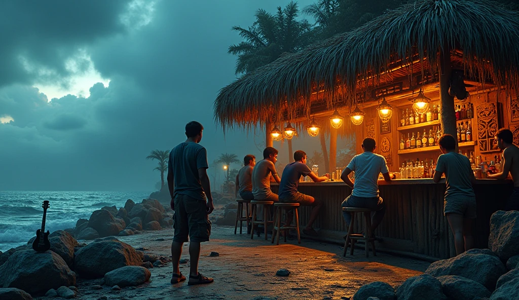 [Core Concept] An apocalyptic tiki bar at the literal and figurative end of the earth.

[Character Description] The bar is staffed by a ragtag group of survivors, their faces weathered and eyes hardened by the ravages of the end times. They move with a weary resilience, mixing elaborate tropical cocktails for the last remnants of humanity seeking refuge.

[Environment/Background] The bar is situated on a desolate, rocky outcrop, the last outpost before the abyss of the unknown. Crumbling ruins and abandoned machinery litter the landscape, a testament to the collapse of civilization. The sky is a turbulent mix of ominous clouds and eerie, otherworldly lights.

[Style and Atmosphere] The tiki bar itself is a stark contrast, its bamboo and thatch construction a defiant celebration of life amidst the surrounding decay. Neon signs and twinkling lights cast an ethereal glow, lending an air of surreal, bittersweet nostalgia.

[Composition] Patrons huddle around the bar, their faces cast in shadows as they nurse their drinks, their conversations hushed and tinged with a hint of resignation. In the corner, a lone musician plays a melancholic tune on a battered ukulele.

[Details and Embellishments] Weathered tiki masks and totems adorn the walls, their once-vibrant colors faded and chipped. Scattered throughout the bar are remnants of a bygone era - a rusted-out vintage car, a crumbling jukebox, a tattered Hawaiian shirt hanging on a hook.

[Technical Specifications] This scene would be rendered in a gritty, dystopian style, with a focus on dramatic lighting and a sense of impending doom. The color palette would be muted, with splashes of neon and warm, tropical hues creating a jarring contrast against the bleak surroundings.
