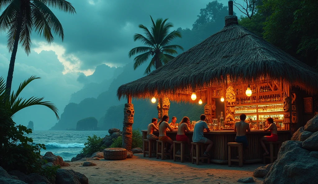 [Core Concept] An apocalyptic tiki bar at the literal and figurative end of the earth.

[Character Description] The bar is staffed by a ragtag group of survivors, their faces weathered and eyes hardened by the ravages of the end times. They move with a weary resilience, mixing elaborate tropical cocktails for the last remnants of humanity seeking refuge.

[Environment/Background] The bar is situated on a desolate, rocky outcrop, the last outpost before the abyss of the unknown. Crumbling ruins and abandoned machinery litter the landscape, a testament to the collapse of civilization. The sky is a turbulent mix of ominous clouds and eerie, otherworldly lights.

[Style and Atmosphere] The tiki bar itself is a stark contrast, its bamboo and thatch construction a defiant celebration of life amidst the surrounding decay. Neon signs and twinkling lights cast an ethereal glow, lending an air of surreal, bittersweet nostalgia.

[Composition] Patrons huddle around the bar, their faces cast in shadows as they nurse their drinks, their conversations hushed and tinged with a hint of resignation. In the corner, a lone musician plays a melancholic tune on a battered ukulele.

[Details and Embellishments] Weathered tiki masks and totems adorn the walls, their once-vibrant colors faded and chipped. Scattered throughout the bar are remnants of a bygone era - a rusted-out vintage car, a crumbling jukebox, a tattered Hawaiian shirt hanging on a hook.

[Technical Specifications] This scene would be rendered in a gritty, dystopian style, with a focus on dramatic lighting and a sense of impending doom. The color palette would be muted, with splashes of neon and warm, tropical hues creating a jarring contrast against the bleak surroundings.