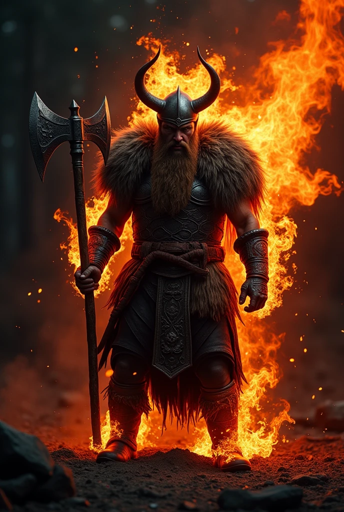 angry hell fire viking warrior with axe black background
