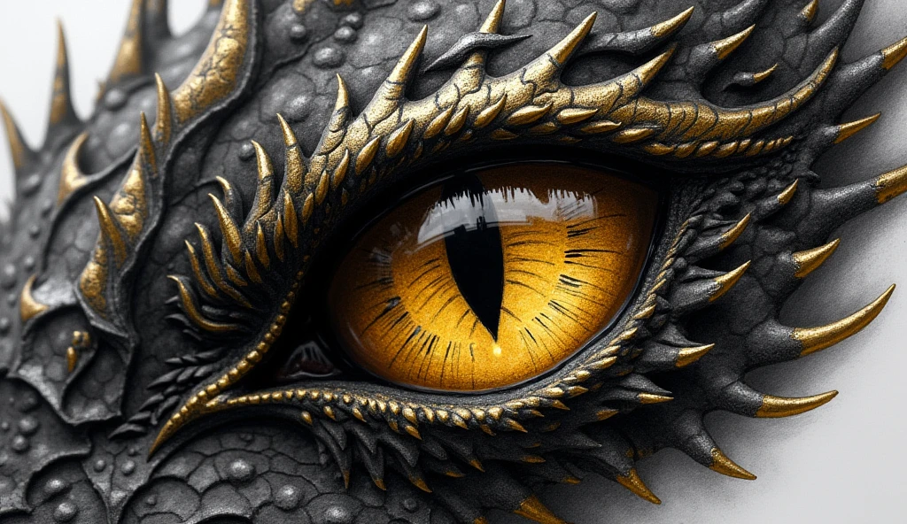 PENCIL AND PAPER STYLE DRAWING, Unrealistic drawing, DRAWING OF A DRAGON EYE IN A CLOSE-UP OF COMPLETELY DARK BLACK AND GOLD SCALES, DETAILS IN GOLD.