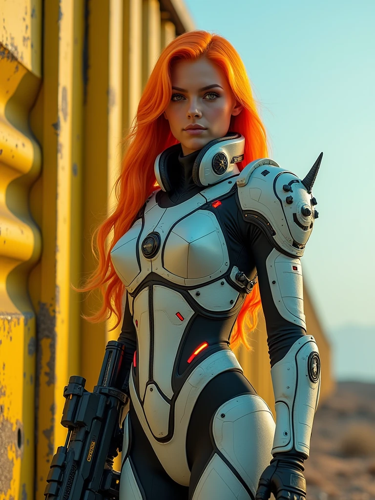 A young woman, around 18 years old, with long hair that starts as a bright celeste at the roots and gradually transitions into a vibrant orange towards the tips. She has a confident yet innocent expression, in a cyberpunk style. The scene is viewed from a very low angle, with the camera positioned on the ground, below the height of the yellow steel container she is standing on, emphasizing her imposing presence. The worn yellow steel container shows signs of age and use, with chipped paint revealing the raw metal underneath. The woman is standing in a pose that forms the shape of an 'A' with her legs apart and her body slightly leaning forward, emphasizing her stance and power. She is wearing a sexy two-piece armor detailed with cyberpunk elements: there are miniature compasses, digital indicators, and small tubes integrated into the armor, all glowing with a futuristic light. The armor is sleek but visually complex, saturated with high-tech details that give it a very advanced and cybernetic look. The environment is a futuristic setting, and part of the sky is visible in the shot, adding depth and a sense of openness to the scene. In her right hand, she holds a cyberpunk-style weapon, a sleek and futuristic firearm with glowing accents. She is smiling innocently as she looks ahead, with subtle glowing data streams surrounding her, indicating her extraordinary abilities in this high-tech world.",
"size": "1024x1024
