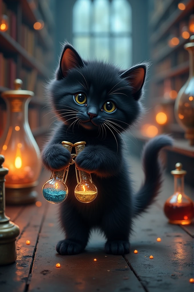 Furry black kitten carrying alchemy potions 