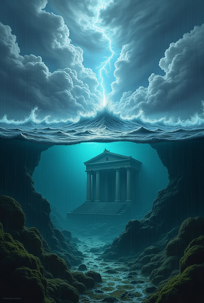 Create storm images, earthquakes, followed by a vision of a sunken temple