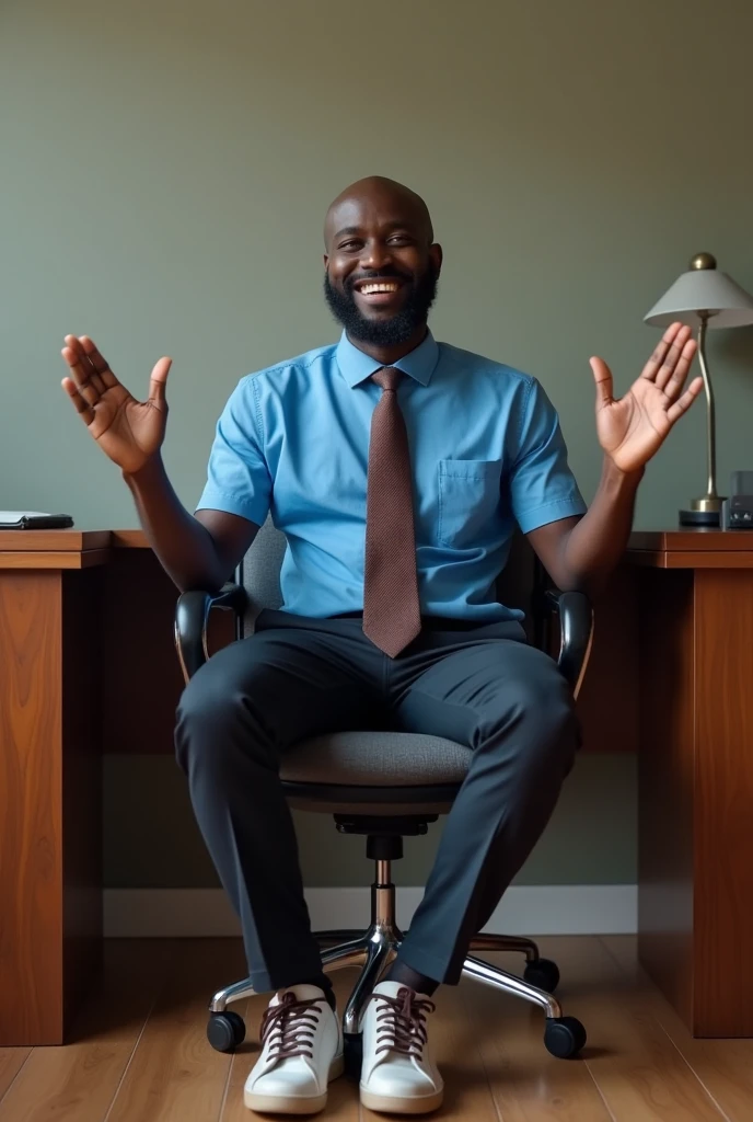 A black man smiling, baldie, blue polo shirt, dark brown tie and pants with elegant sneakers, sitting in a desk chair with both hands raised asking a question