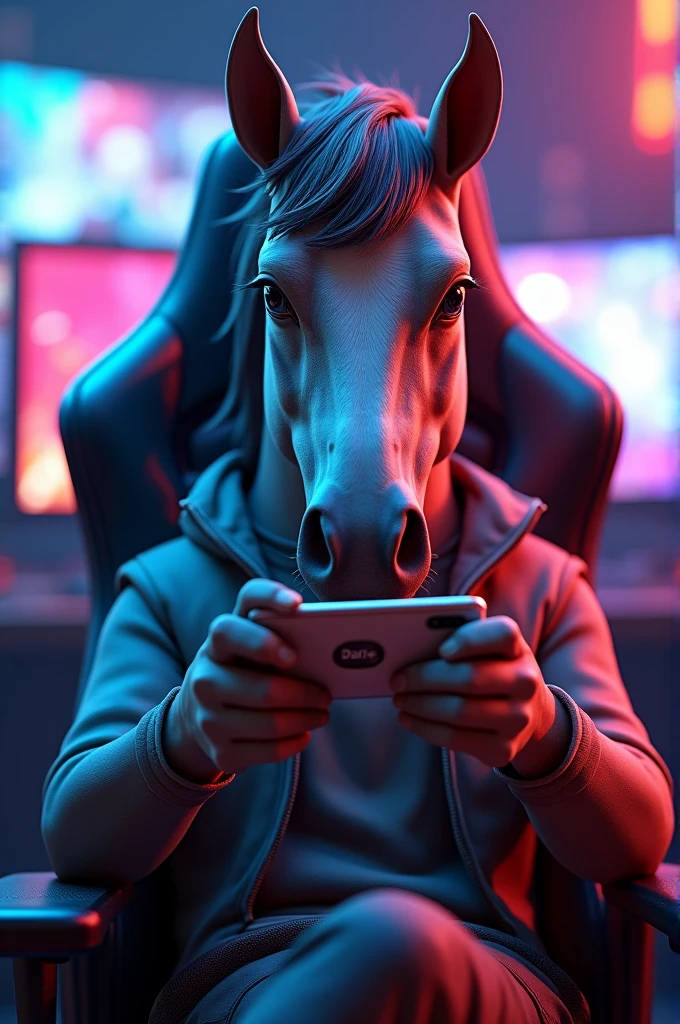 Draw a stylized horse, sentado em uma cadeira gamer, holding a cell phone and playing Free Fire, with an action-packed screen and colorful graphics reflecting in your eyes.