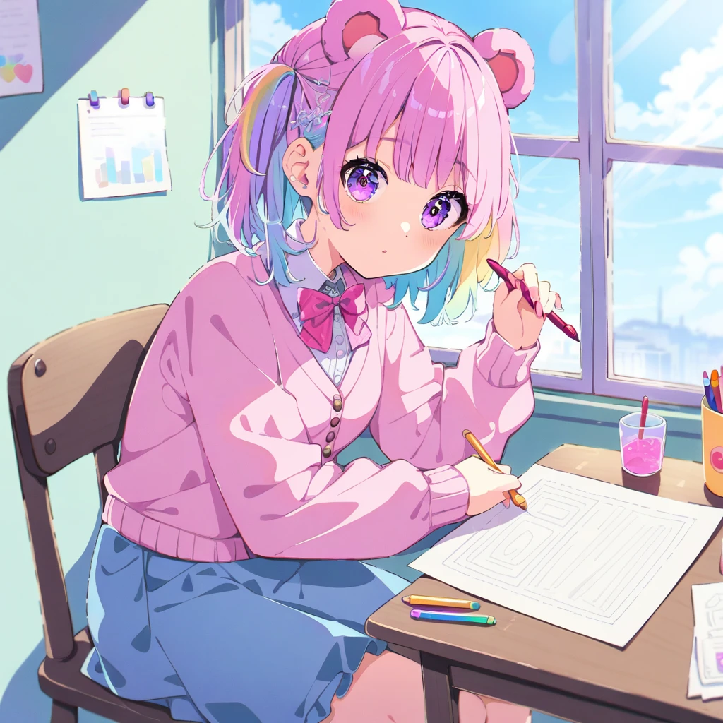 baby blue jean skirt with pink belt,pastel pink cardigan with ons and a pastel pink bow,pastel multicolor hair, purple eyes, tiny bear ears, bear ears,pastel rainbow hair, star shaped eyes, sitting on wooden chair,drawing on table,looking at paper,holding crayon,window behind,blue sky,papers on wall
