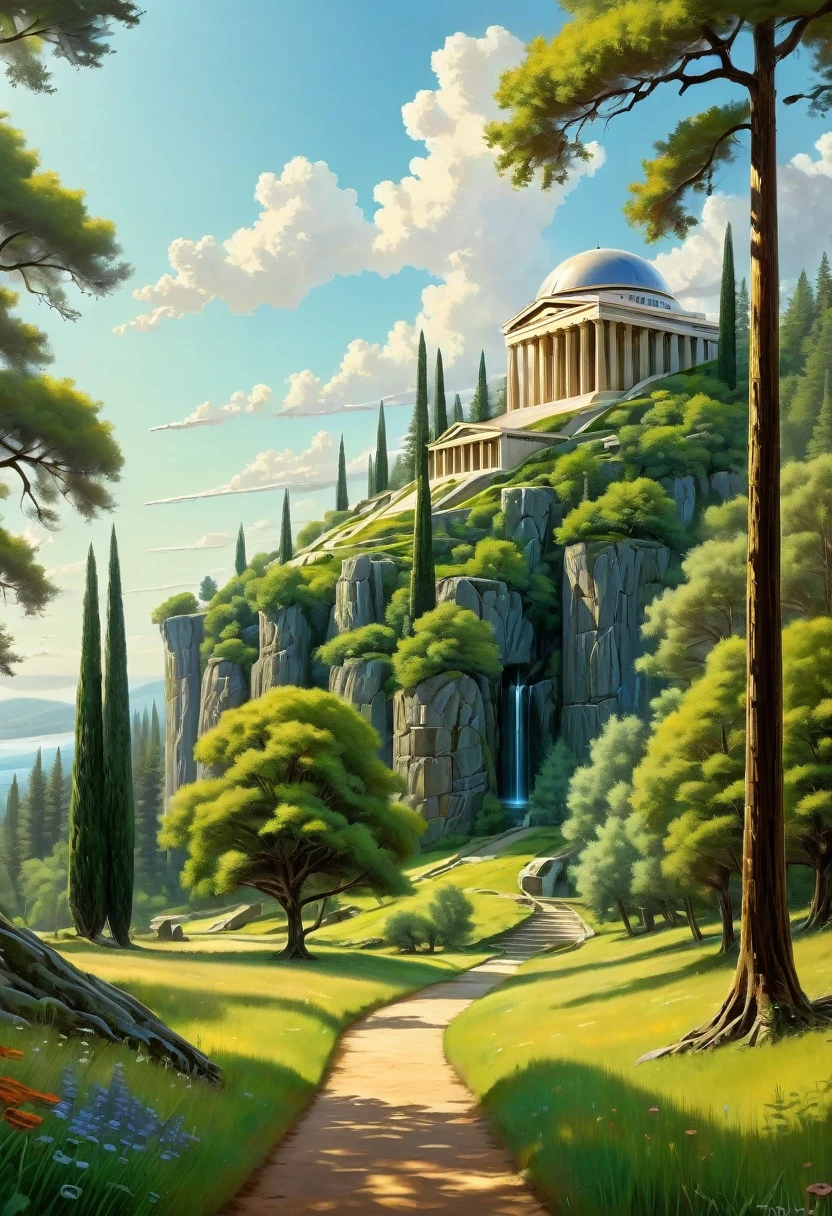 ralph-mcquarrie style, greek architecture done in a sci-fi style on a beautiful forest and meadow scene with tall buildings and open green spaces, oil painting, beautiful, highly detailed