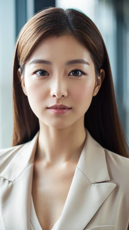 lens: 135mm f1.8, (Highest quality), (Beautiful Japanese office lady in a suit), (Moisturized lips), Narrow eyes, double eyelid, Delicate clavicle, Flat Chest , I'm ashamed of my smallness, Underdeveloped breasts, smile, (Spotted sunlight: 1.2), Professional Lighting, (Petite figure), (Sunburned skin: 0.2), Full body photo, Full Body Focus, (Standing posture)、A proper honor student、Slender body、(A wearing a suit:1.5)、boyish, Putting very short hair into a ponytail、Stylish white bedroom、Ribbon on chest、Sweep all your hair back、Crouching with rope、Round 1,(((Completely naked))), The gesture of taking off a suit