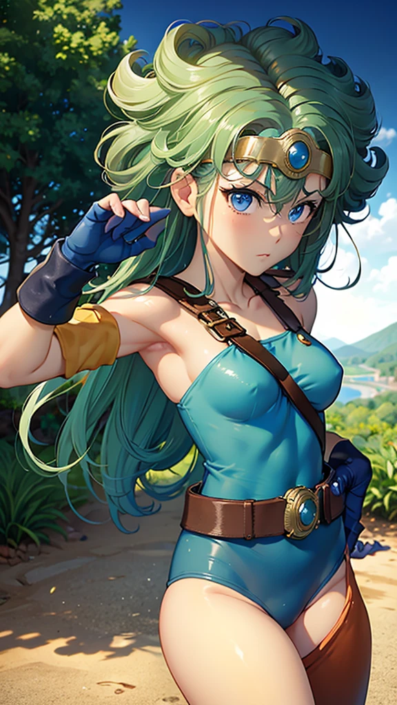 (((SFW、sound、Highest quality、Top notch work、Normal body、、Detailed face、Ultra-precision、Normal hand、のrefer、5refer、Highest)))、beautiful girl、Green Hair、yamato nadeshiko、Small breasts、Shortcuts、Blue leotard、Muscular、Black paleo skirt、Red Cape、Circlet、Dragon Quest、Female Heroes、 Fight、Fight準備完了、Sweep with a sword、Please put your hands together in front of you.、Place your hands behind your back、Please put your hands on your hips、cover your chest with your hands、((Executed perfectly:Frame yourself from head to toe,Standing posture,Draws in great detail、There is no anatomical problem))、forest