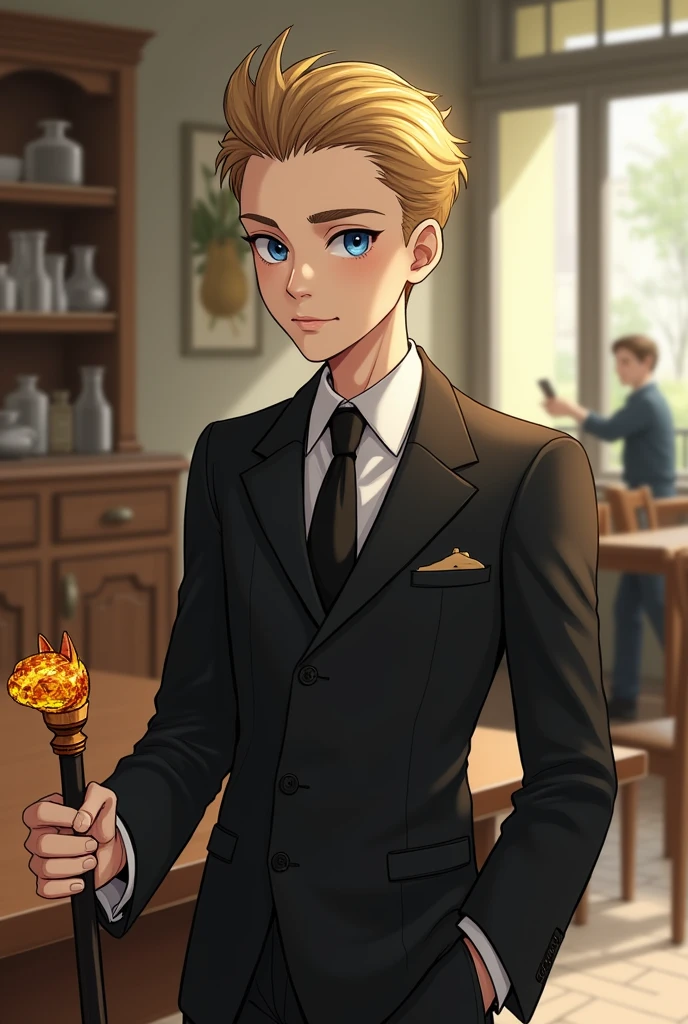 Can you generate me an image of a boy with slicked back blond hair with brown tips? ,that is in a cafeteria , white skin,blue eyes,wear a suit black suit , In his right hand he carries a cane with the head of a yellow and orange crystal cat.