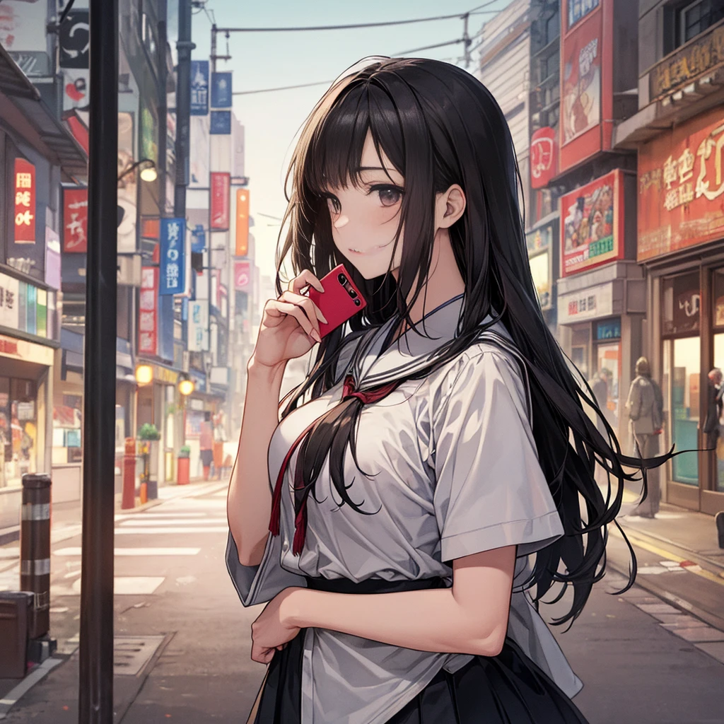 Highest quality, masterpiece, Ultra-high resolution, Super detailed, 1 person, Japanese schoolgirl, Black Hair, Long Hair, Slender body, Large Breasts, A town like Shibuya in Japan, summer, sunny, Looking at the iPhone in his hand, Upper Body, Correct Size, Five Fingers,