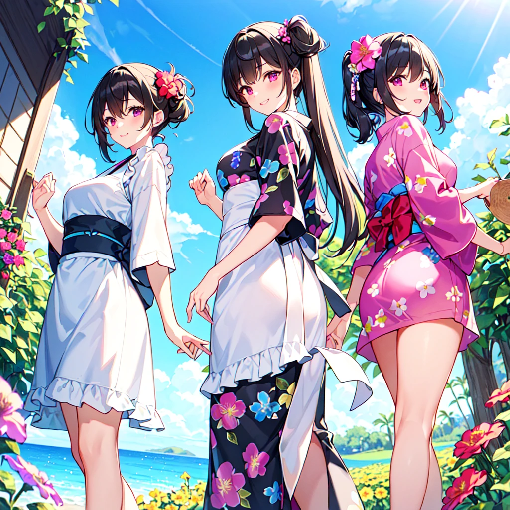 masterpiece, best quality, high quality, extremely detailed, very delicate and beautiful, (3female 18 years old three:1.5), (long black hair up to waist with two side up:1.5), bangs to eyebrows, eyes (eyes: 1.3), (eyes: magenta: 1.3), 6.5 head height, (apron in yukata summer flower print fashion: 1.3), knee socks, lace, frills, (smiling), (welcome pose: 1.3), (standing), (dynamic pose), (summer flower garden:1.3), (blue sky:1.3) ,(group shot)