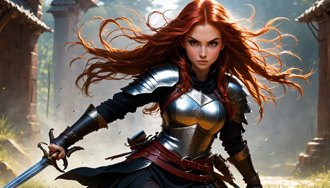 a PHOTO Nayane Laura Menequel XX weeks 13, a beautiful young woman with a friendly warrior appearance, detailed light honey eyes, long red hair, wearing black boots, and in a fighting pose, SHE IS wielding a two-handed longsword