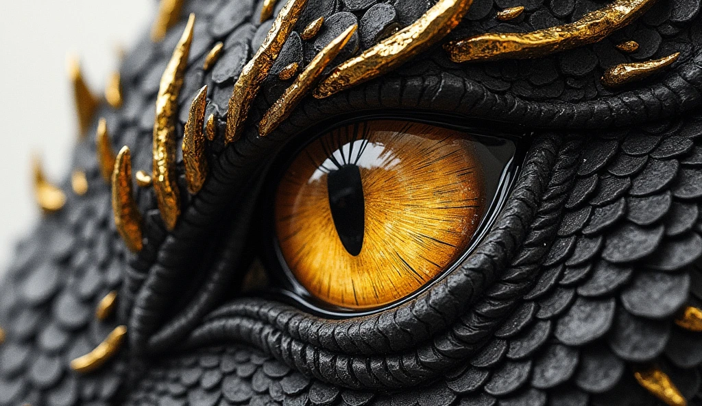 PENCIL AND PAPER STYLE DRAWING, Unrealistic drawing, DRAWING OF A DRAGON EYE IN A CLOSE-UP OF COMPLETELY DARK BLACK AND GOLD SCALES, DETAILS IN GOLD.IN THE STYLE OF JAPANESE MANGA COMIC ANME