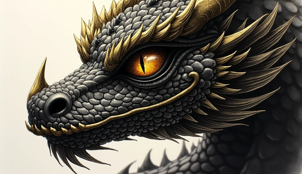 PENCIL AND PAPER STYLE DRAWING, Unrealistic drawing, DRAWING OF A DRAGON EYE IN A CLOSE-UP OF COMPLETELY DARK BLACK AND GOLD SCALES, DETAILS IN GOLD.IN THE STYLE OF JAPANESE MANGA COMIC ANME