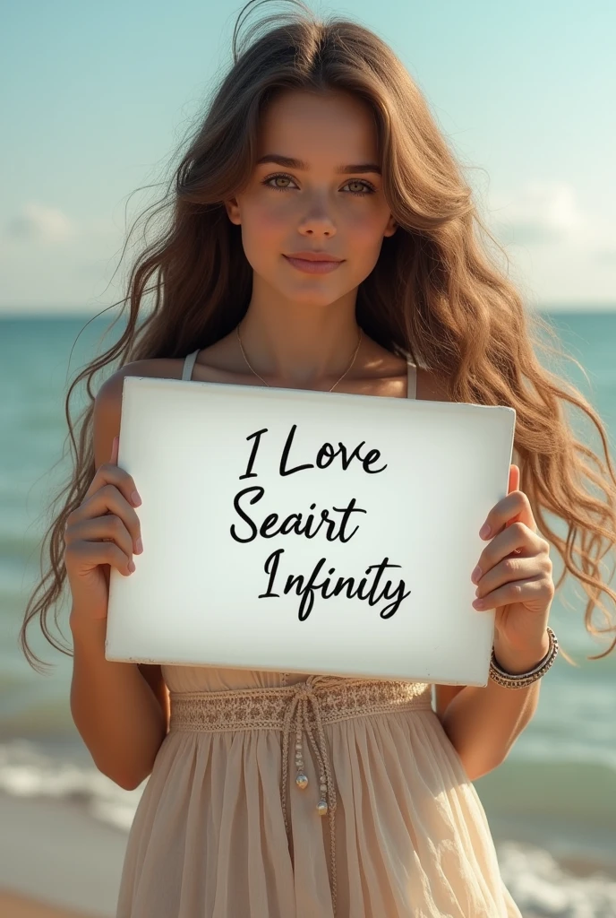 Beautiful girl with wavy long hair, bohemian dress, holding a white board with text "I Love Seaart Infinity" and showing it to the viewer